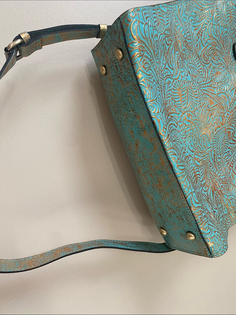 PATRICIA NASH Zancona Tooled Turquoise Leather Tote Bag Teal green Floral - Picture 7 of 9